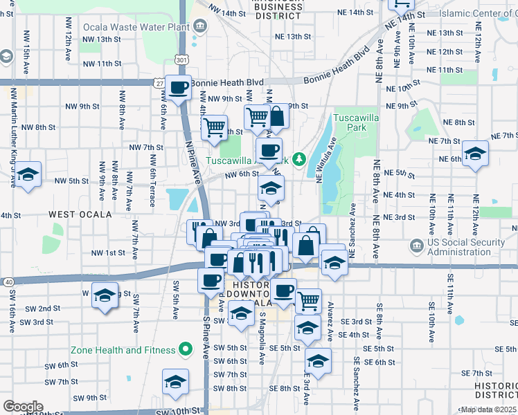 map of restaurants, bars, coffee shops, grocery stores, and more near 330 North Magnolia Avenue in Ocala
