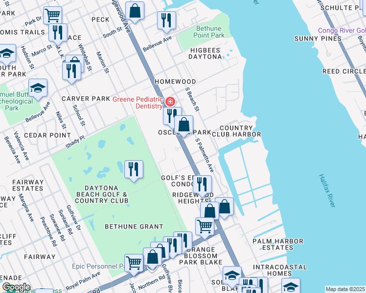 map of restaurants, bars, coffee shops, grocery stores, and more near 1212 South Ridgewood Avenue in Daytona Beach