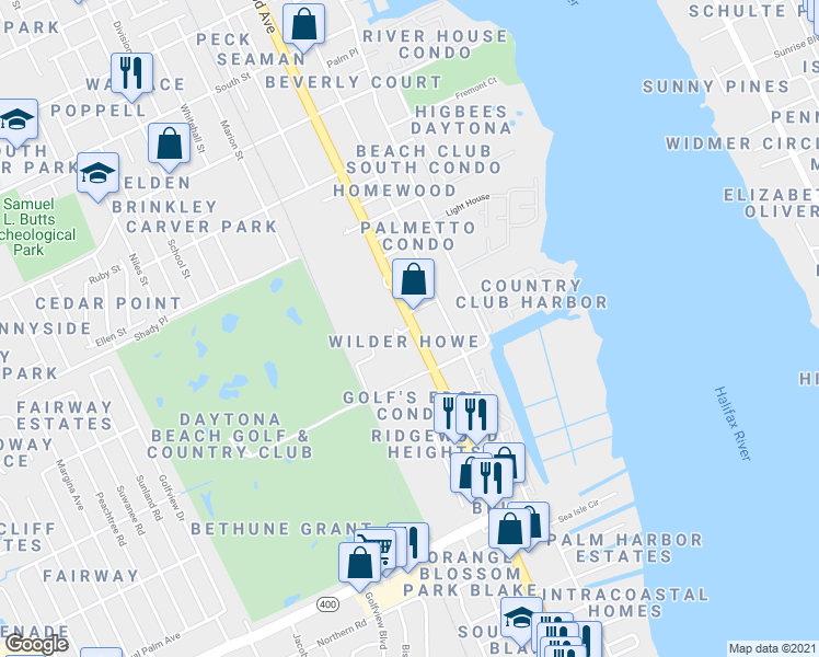 map of restaurants, bars, coffee shops, grocery stores, and more near 1212 South Ridgewood Avenue in Daytona Beach