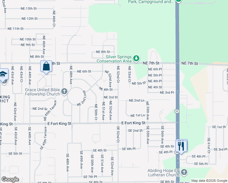 map of restaurants, bars, coffee shops, grocery stores, and more near 300 Northeast 52nd Court in Ocala