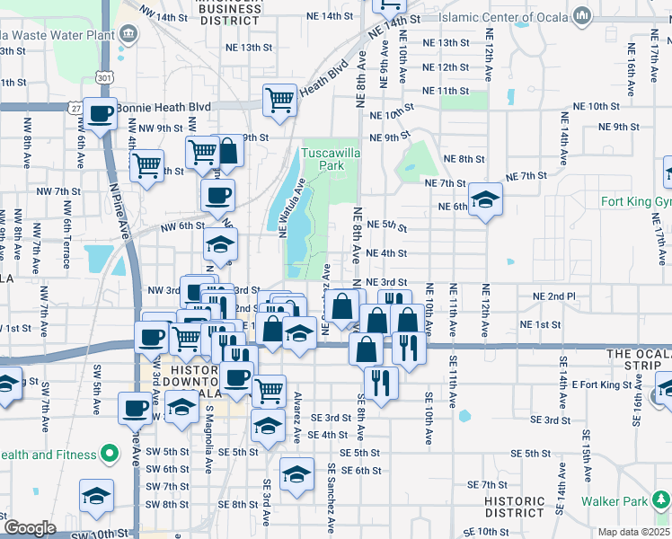 map of restaurants, bars, coffee shops, grocery stores, and more near 715 Northeast 3rd Street in Ocala