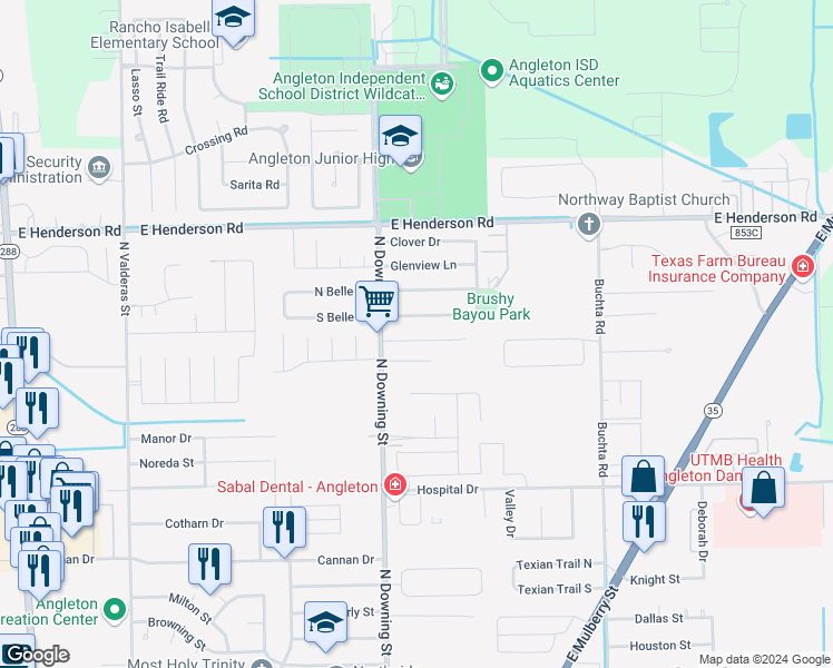 map of restaurants, bars, coffee shops, grocery stores, and more near 1225 Molina Court in Angleton