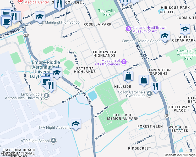 map of restaurants, bars, coffee shops, grocery stores, and more near 1115 Madrid Avenue in Daytona Beach