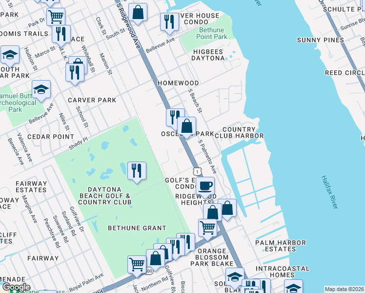 map of restaurants, bars, coffee shops, grocery stores, and more near 1212 South Ridgewood Avenue in Daytona Beach