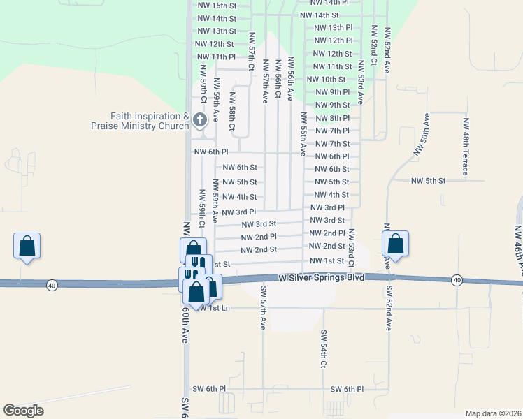 map of restaurants, bars, coffee shops, grocery stores, and more near 5680 Northwest 3rd Place in Ocala