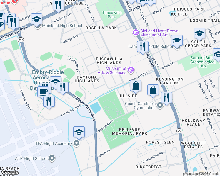 map of restaurants, bars, coffee shops, grocery stores, and more near 635 Tarragona Way in Daytona Beach