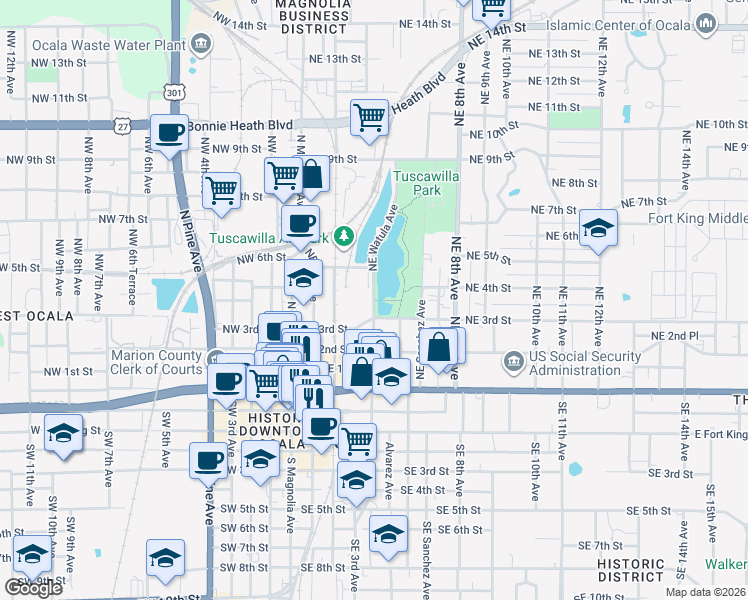 map of restaurants, bars, coffee shops, grocery stores, and more near Northeast Watula Avenue in Ocala