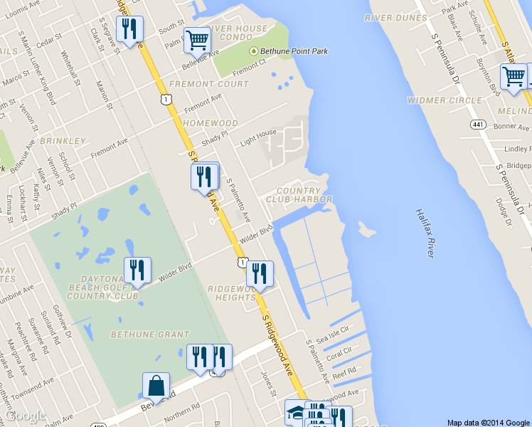 map of restaurants, bars, coffee shops, grocery stores, and more near 1209 South Beach Street in Daytona Beach