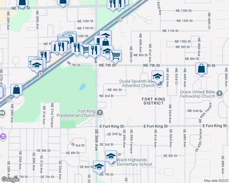 map of restaurants, bars, coffee shops, grocery stores, and more near 3743 Northeast 3rd Street in Ocala