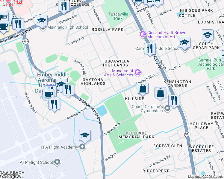 map of restaurants, bars, coffee shops, grocery stores, and more near 635 Tarragona Way in Daytona Beach