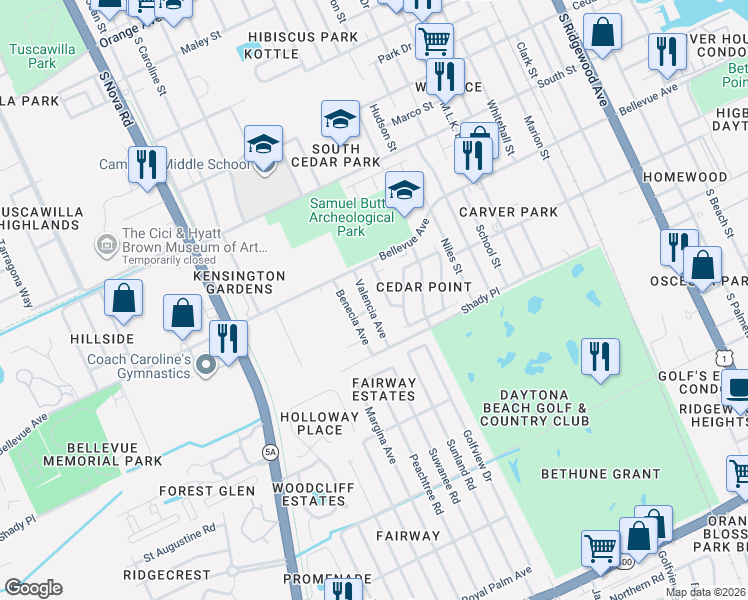 map of restaurants, bars, coffee shops, grocery stores, and more near 839 Valencia Avenue in Daytona Beach