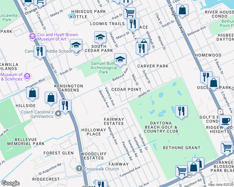 map of restaurants, bars, coffee shops, grocery stores, and more near 839 Valencia Avenue in Daytona Beach