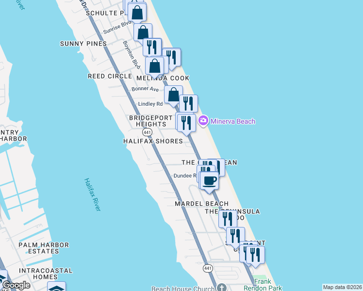 map of restaurants, bars, coffee shops, grocery stores, and more near 129 Milton Road in Daytona Beach