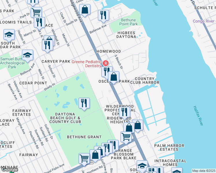 map of restaurants, bars, coffee shops, grocery stores, and more near 1212 South Ridgewood Avenue in Daytona Beach