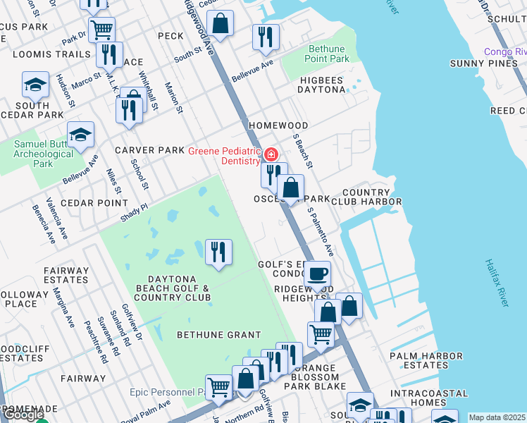 map of restaurants, bars, coffee shops, grocery stores, and more near 11 North Florida Pga Lane in Daytona Beach