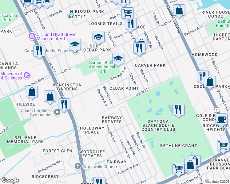 map of restaurants, bars, coffee shops, grocery stores, and more near 839 Valencia Avenue in Daytona Beach