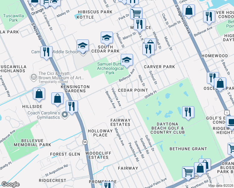 map of restaurants, bars, coffee shops, grocery stores, and more near 839 Valencia Avenue in Daytona Beach