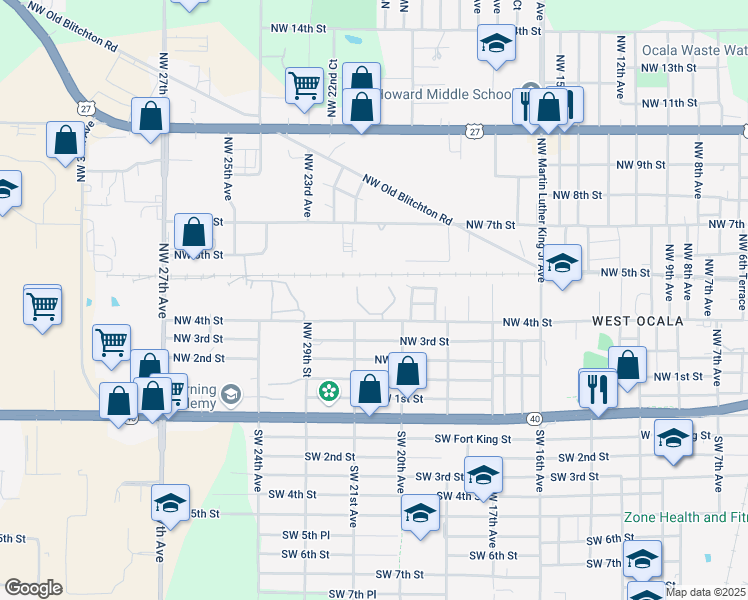 map of restaurants, bars, coffee shops, grocery stores, and more near 2031 Northwest 4th Street in Ocala