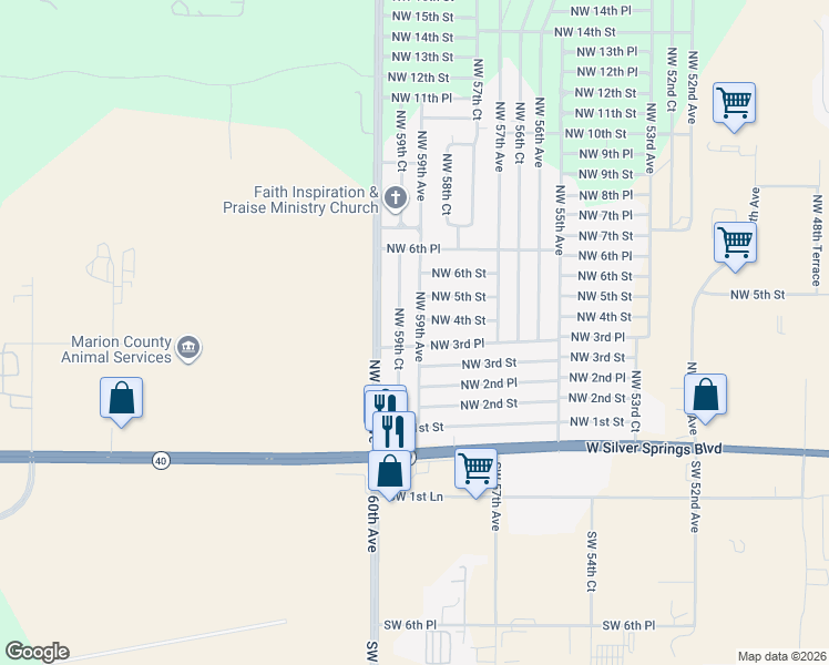 map of restaurants, bars, coffee shops, grocery stores, and more near 5880 Northwest 3rd Place in Ocala