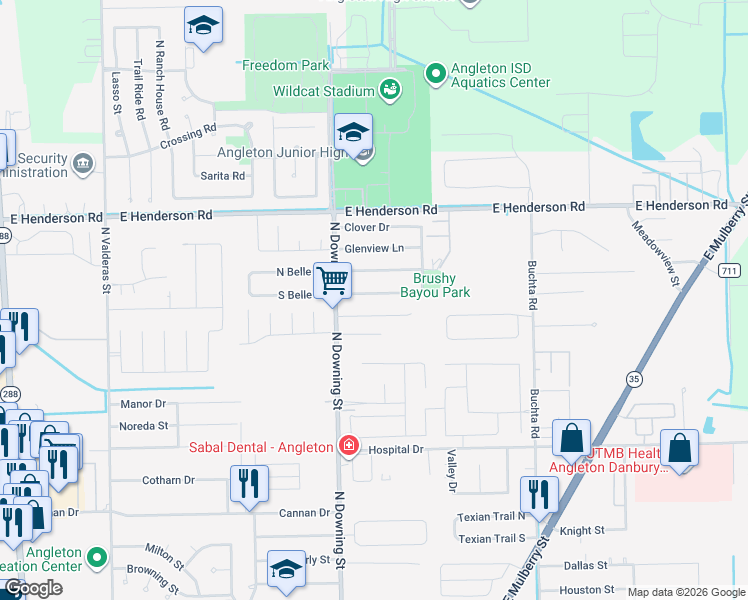 map of restaurants, bars, coffee shops, grocery stores, and more near 1224 Molina Court in Angleton