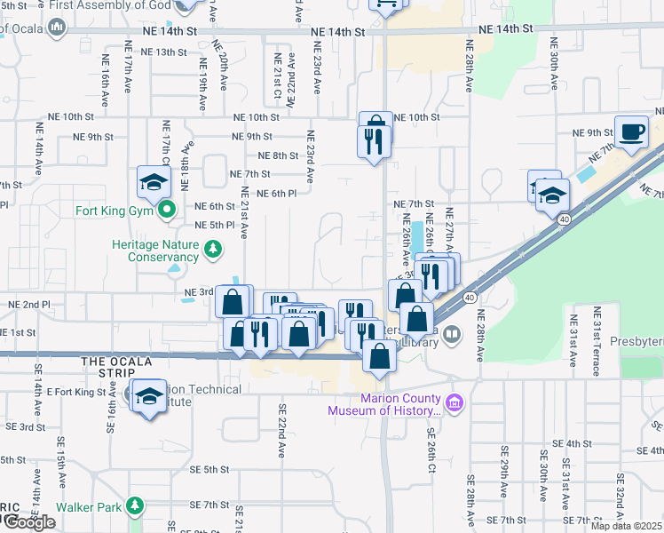 map of restaurants, bars, coffee shops, grocery stores, and more near 2321 Northeast 3rd Street in Ocala