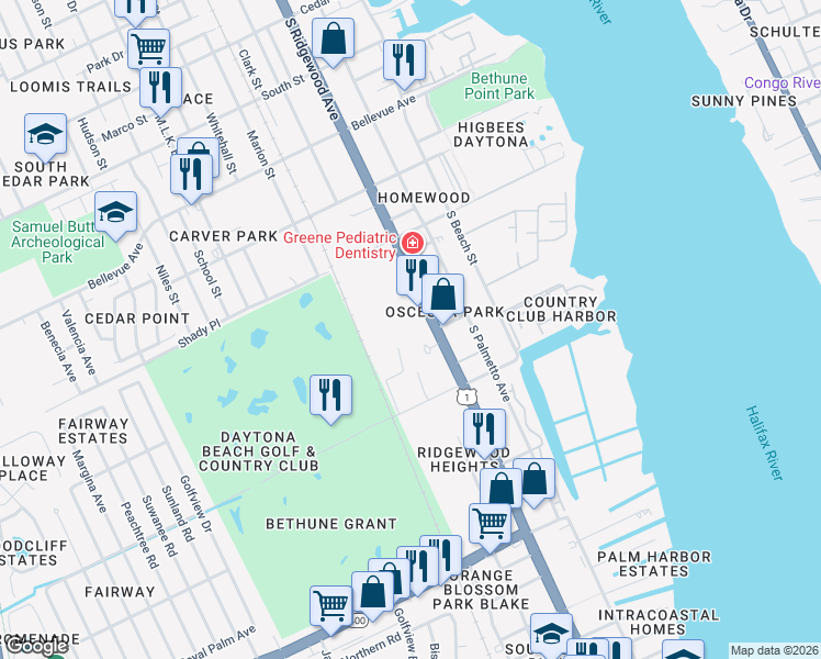map of restaurants, bars, coffee shops, grocery stores, and more near 11 North Florida Pga Lane in Daytona Beach