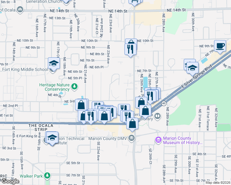 map of restaurants, bars, coffee shops, grocery stores, and more near 2321 Northeast 3rd Street in Ocala