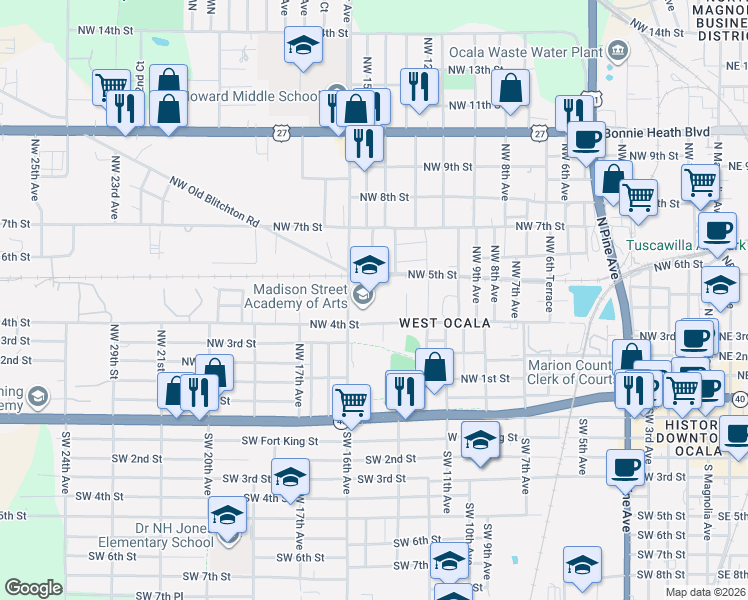 map of restaurants, bars, coffee shops, grocery stores, and more near 1343-1599 Northwest 4th Street in Ocala