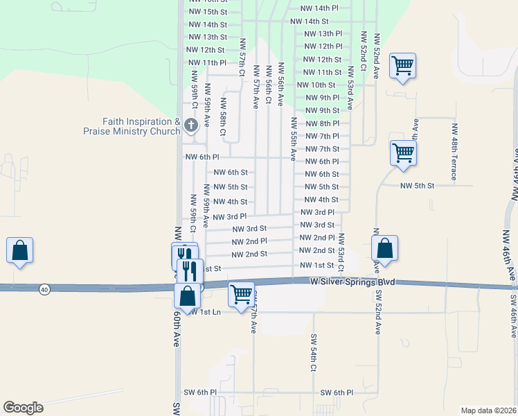 map of restaurants, bars, coffee shops, grocery stores, and more near 5680 Northwest 3rd Place in Ocala
