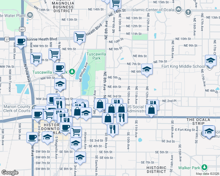map of restaurants, bars, coffee shops, grocery stores, and more near 807 Northeast 3rd Street in Ocala