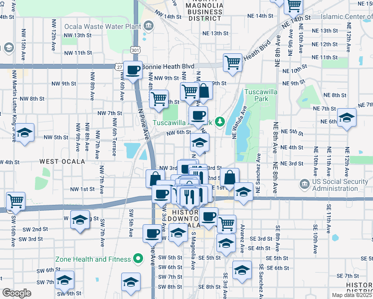 map of restaurants, bars, coffee shops, grocery stores, and more near 330 North Magnolia Avenue in Ocala