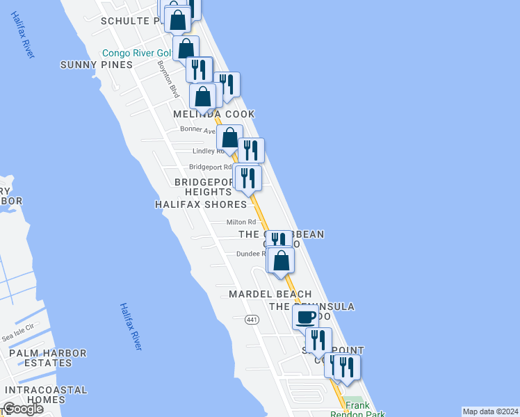map of restaurants, bars, coffee shops, grocery stores, and more near 2403 South Atlantic Avenue in Daytona Beach Shores