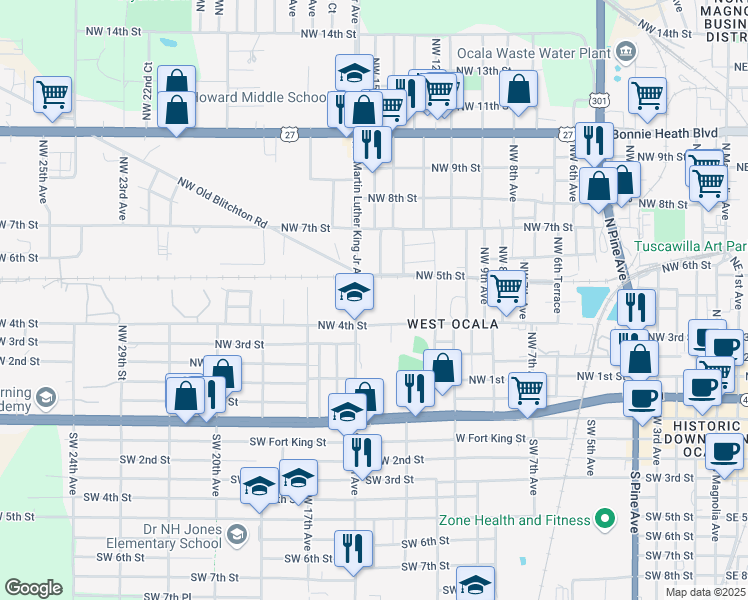 map of restaurants, bars, coffee shops, grocery stores, and more near 401 Northwest Martin Luther King Junior Avenue in Ocala