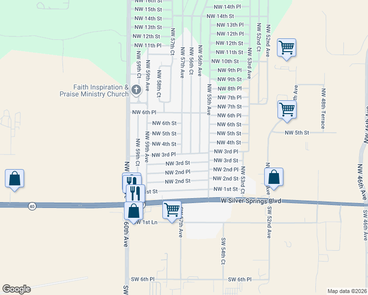 map of restaurants, bars, coffee shops, grocery stores, and more near 5680 Northwest 3rd Place in Ocala