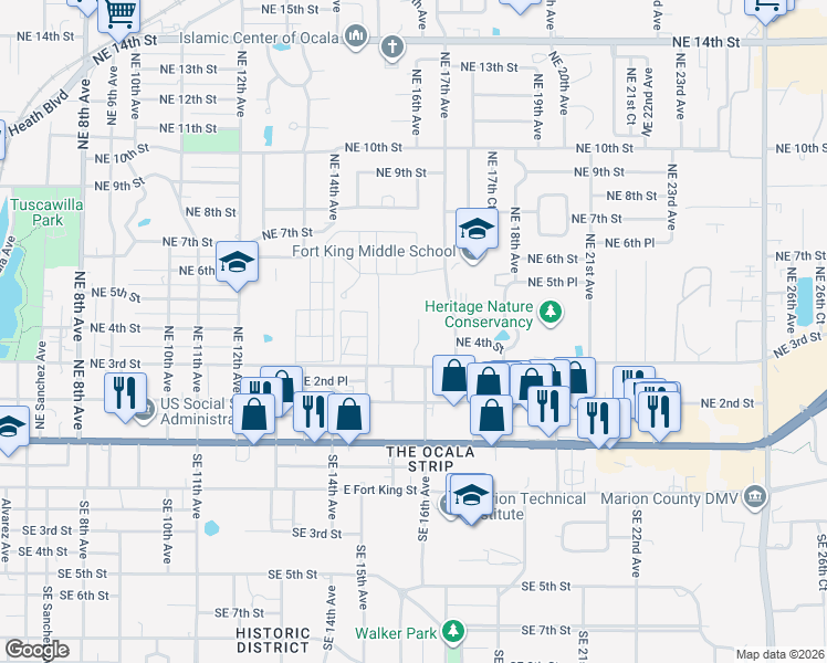 map of restaurants, bars, coffee shops, grocery stores, and more near 434 Northeast 15th Court in Ocala
