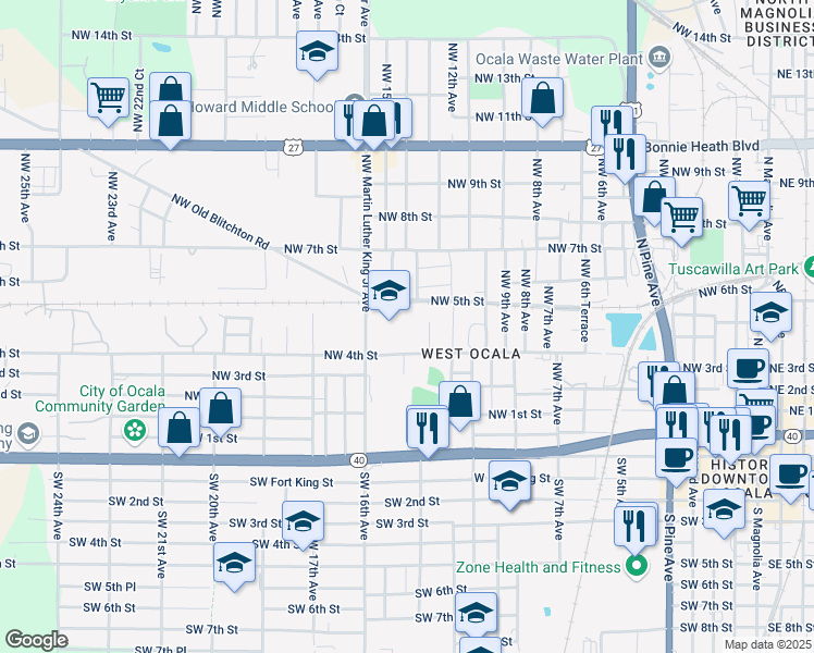 map of restaurants, bars, coffee shops, grocery stores, and more near 401 Northwest Martin Luther King Junior Avenue in Ocala