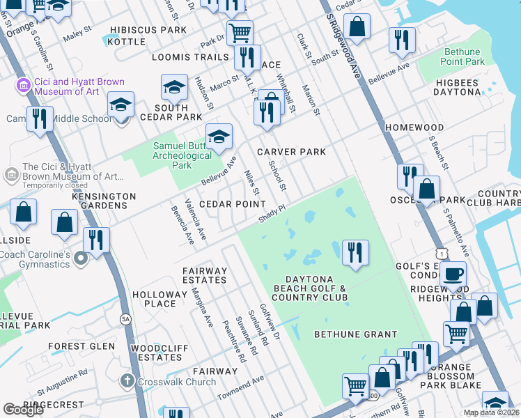 map of restaurants, bars, coffee shops, grocery stores, and more near 704 Kathy Court in Daytona Beach