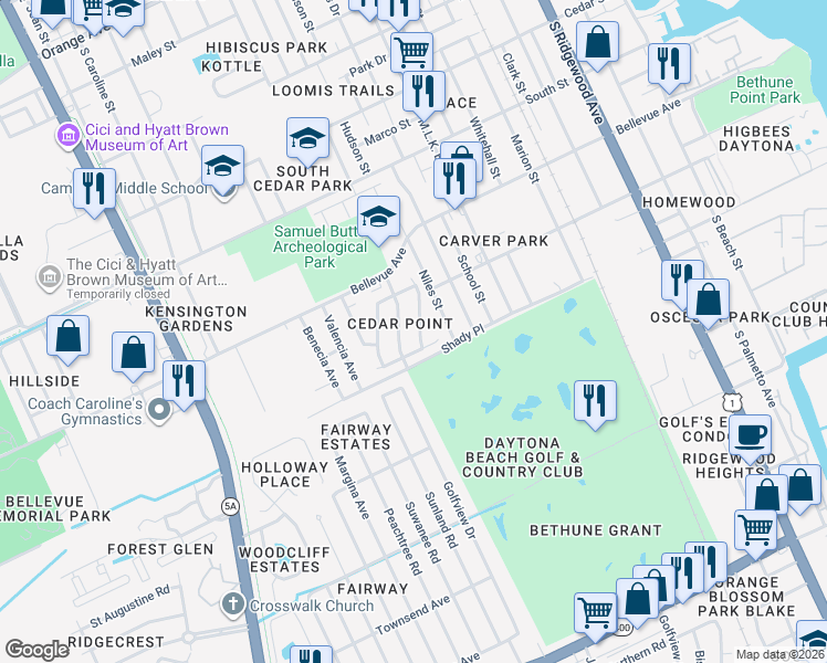 map of restaurants, bars, coffee shops, grocery stores, and more near 704 Kathy Court in Daytona Beach