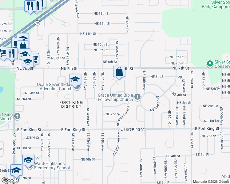 map of restaurants, bars, coffee shops, grocery stores, and more near 536 Northeast 45th Court in Ocala