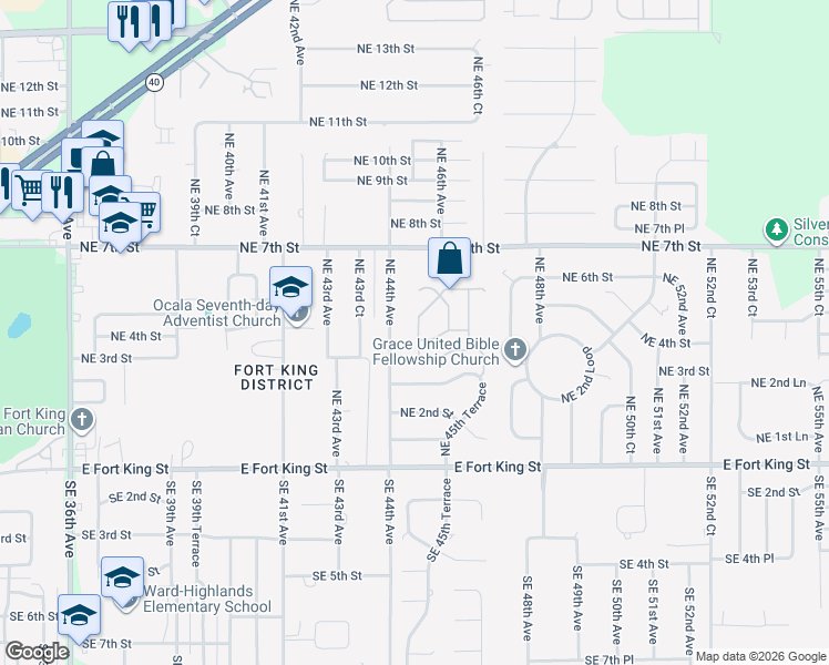 map of restaurants, bars, coffee shops, grocery stores, and more near 425 Northeast 44th Avenue in Ocala