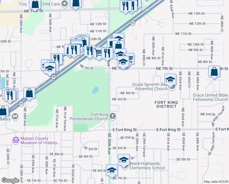 map of restaurants, bars, coffee shops, grocery stores, and more near 424 Northeast 37th Avenue in Ocala