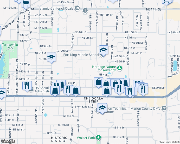 map of restaurants, bars, coffee shops, grocery stores, and more near 434 Northeast 15th Court in Ocala