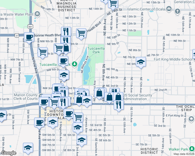 map of restaurants, bars, coffee shops, grocery stores, and more near 501 Northeast Sanchez Avenue in Ocala