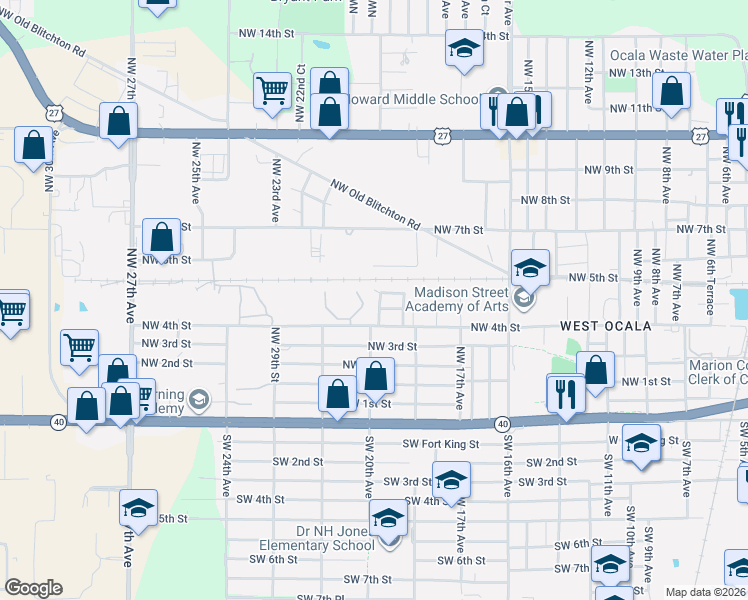 map of restaurants, bars, coffee shops, grocery stores, and more near 1953 Northwest 5th Street in Ocala