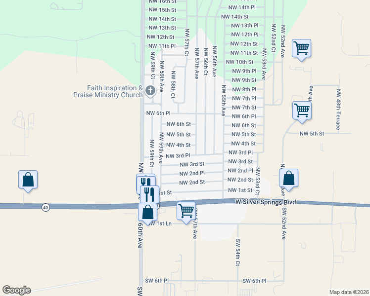 map of restaurants, bars, coffee shops, grocery stores, and more near 5763 Northwest 4th Street in Ocala