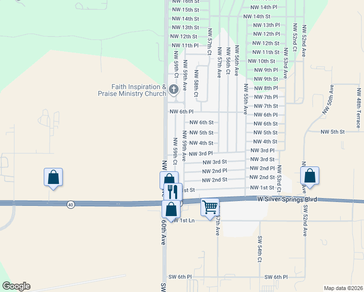 map of restaurants, bars, coffee shops, grocery stores, and more near 5840 Northwest 5th Street in Ocala