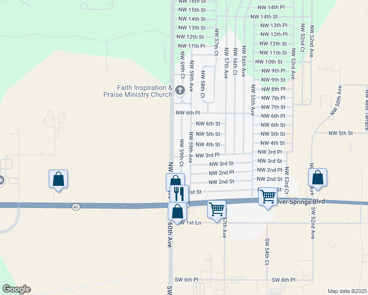 map of restaurants, bars, coffee shops, grocery stores, and more near 381 Northwest 59th Court in Ocala