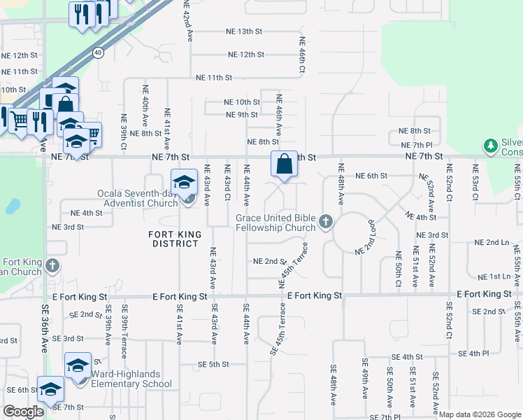 map of restaurants, bars, coffee shops, grocery stores, and more near 425 Northeast 44th Avenue in Ocala