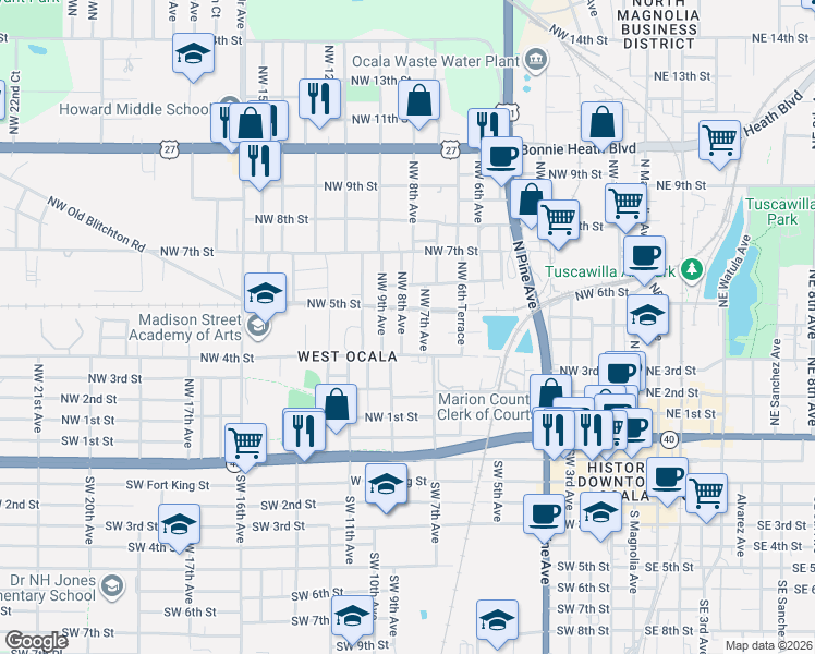 map of restaurants, bars, coffee shops, grocery stores, and more near 504 Northwest 8th Avenue in Ocala