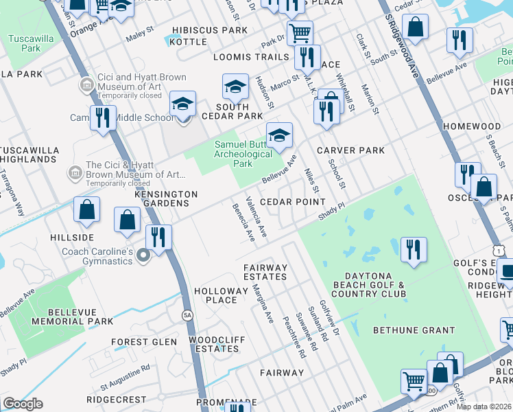 map of restaurants, bars, coffee shops, grocery stores, and more near 825 Valencia Avenue in Daytona Beach